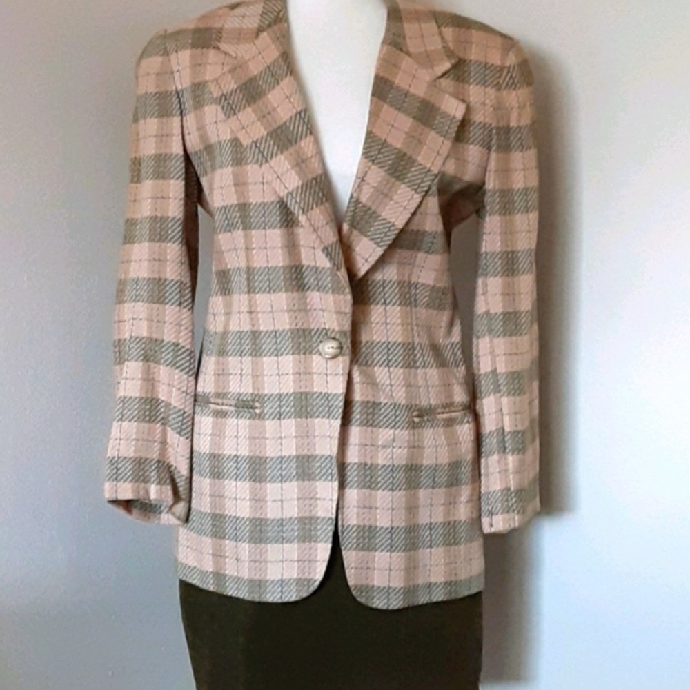 Vintage Preppy Plaid Blazer Peach Tan Olive Green Structured Jacket Sz 4 - Picture 8 of 8